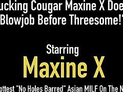 Maxine x,一个成熟的棕发美熟女,在进行三人行之前给了一个懒散的口交